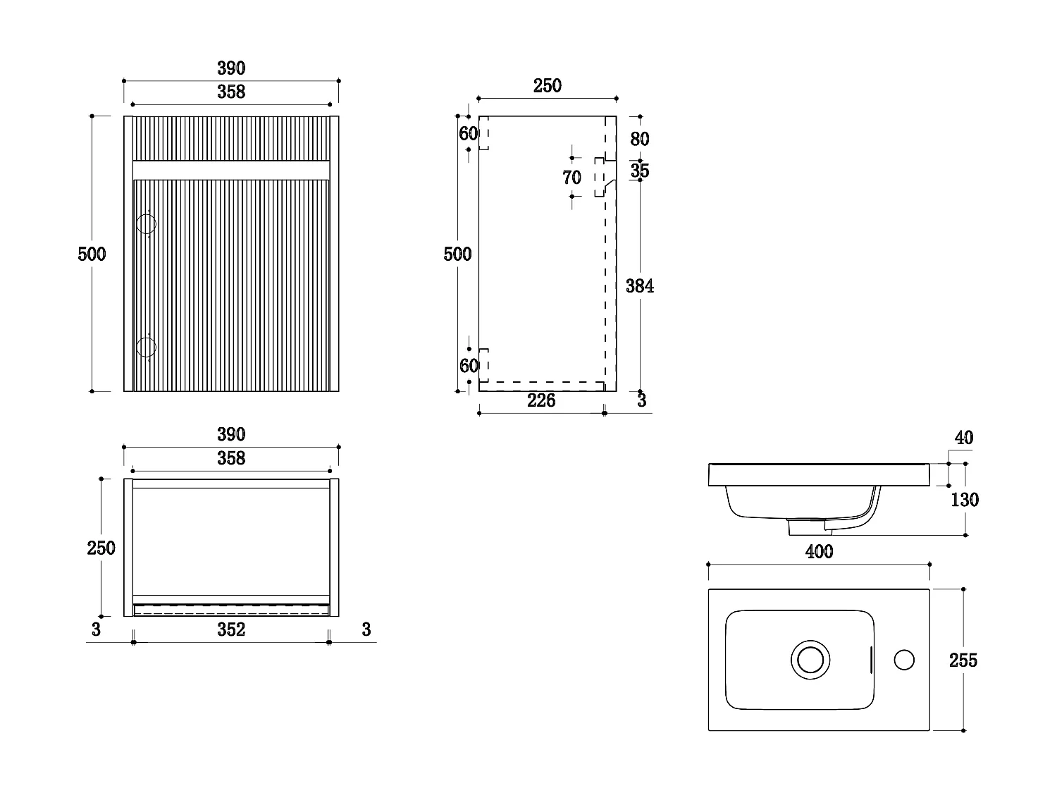 Mobile lavabo sospeso scanalato in legno di frassino con lavabo da incasso e rubinetto Naturale scuro 40 x 25.5 x 54 cm - DROVI