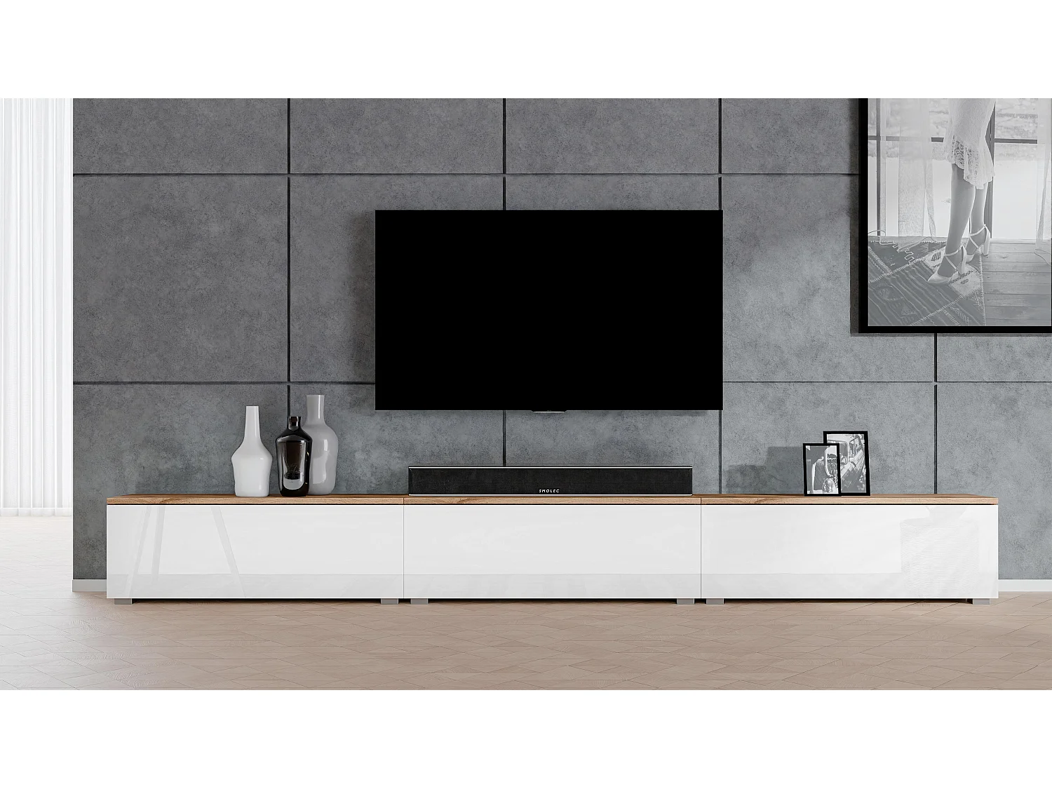 AX LIVING Lowboard 3x100cm Loriano TV Board Eiche Wotan/weiß Hochglanz