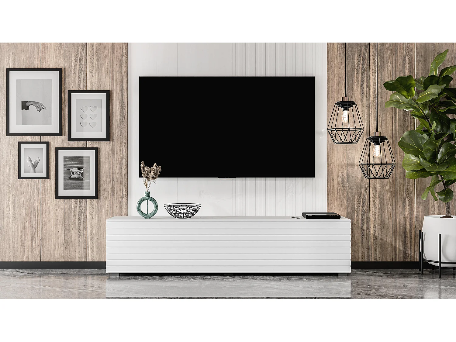 AX LIVING ZIVOLLI TV-Board 160 cm Weiß mit Lamellenfront