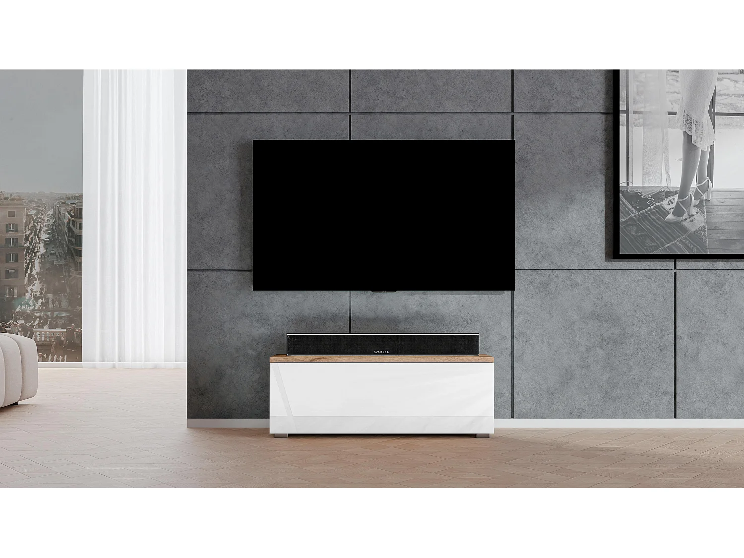 AX LIVING TV Board Loriano 100cm Lowboard Eiche Wotan / weiß Hochglanz