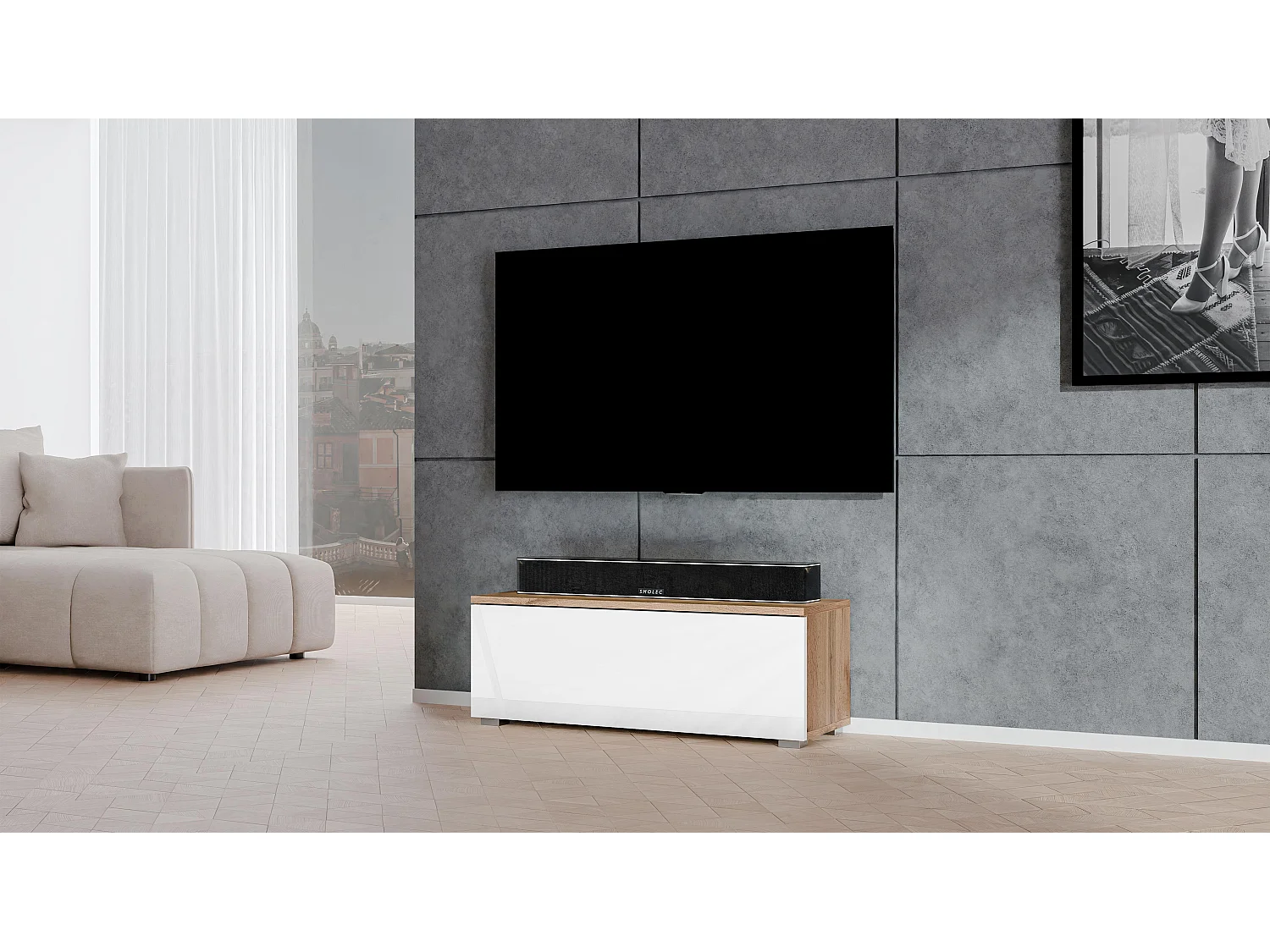 AX LIVING TV Board Loriano 100cm Lowboard Eiche Wotan / weiß Hochglanz