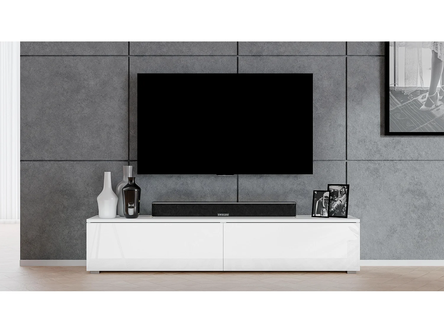 AX LIVING TV Board Loriano 180 cm Fernsehschrank weiß Matt/Hochglanz