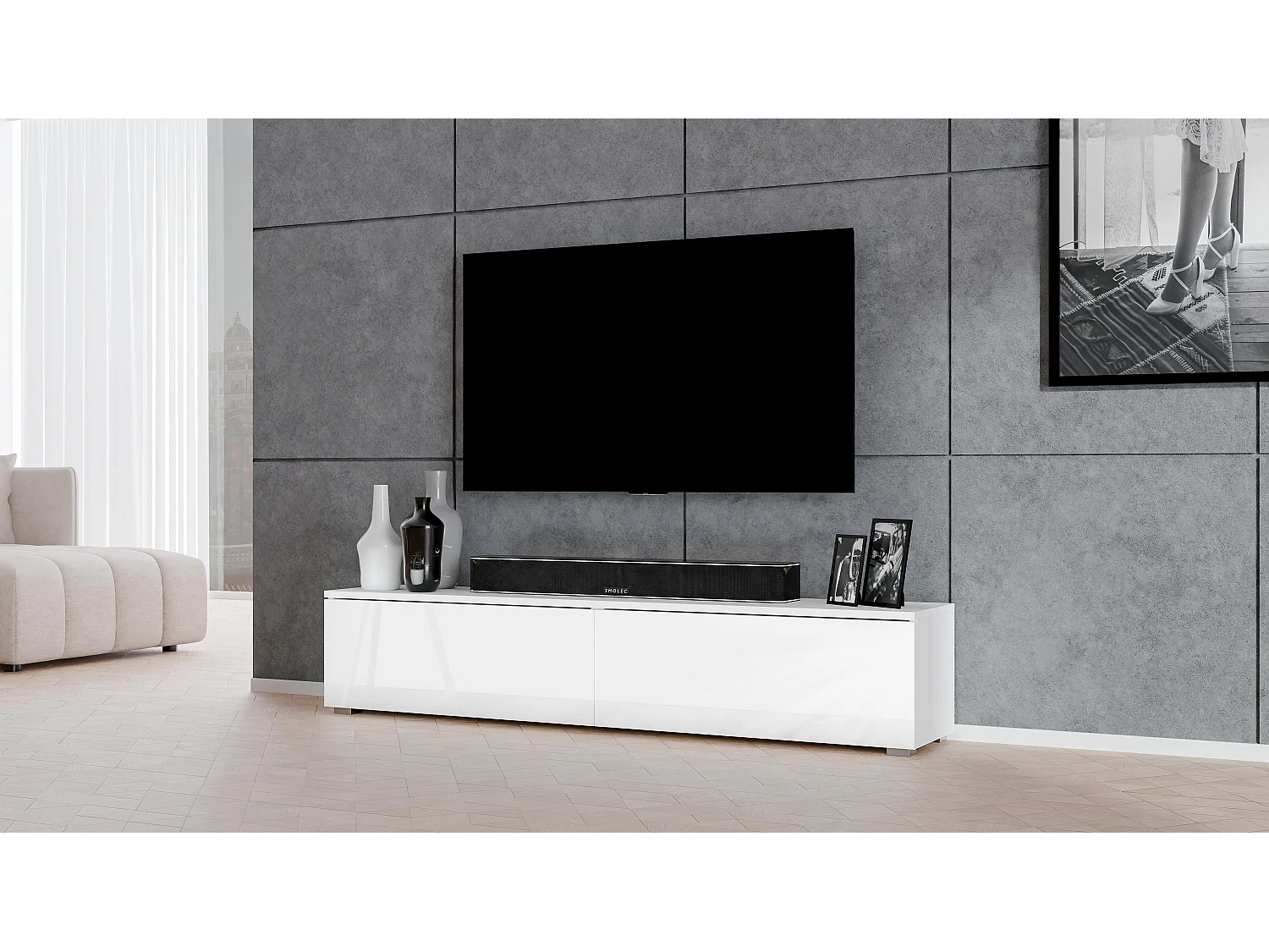 AX LIVING TV Board Loriano 180 cm Fernsehschrank weiß Matt/Hochglanz