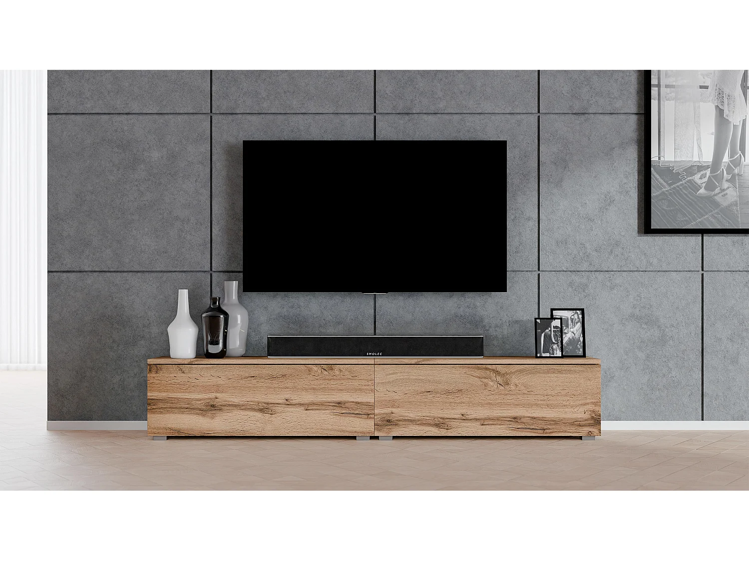 AX LIVING TV Schrank Designer Lowboard Eiche Wotan Loriano 2x100 cm