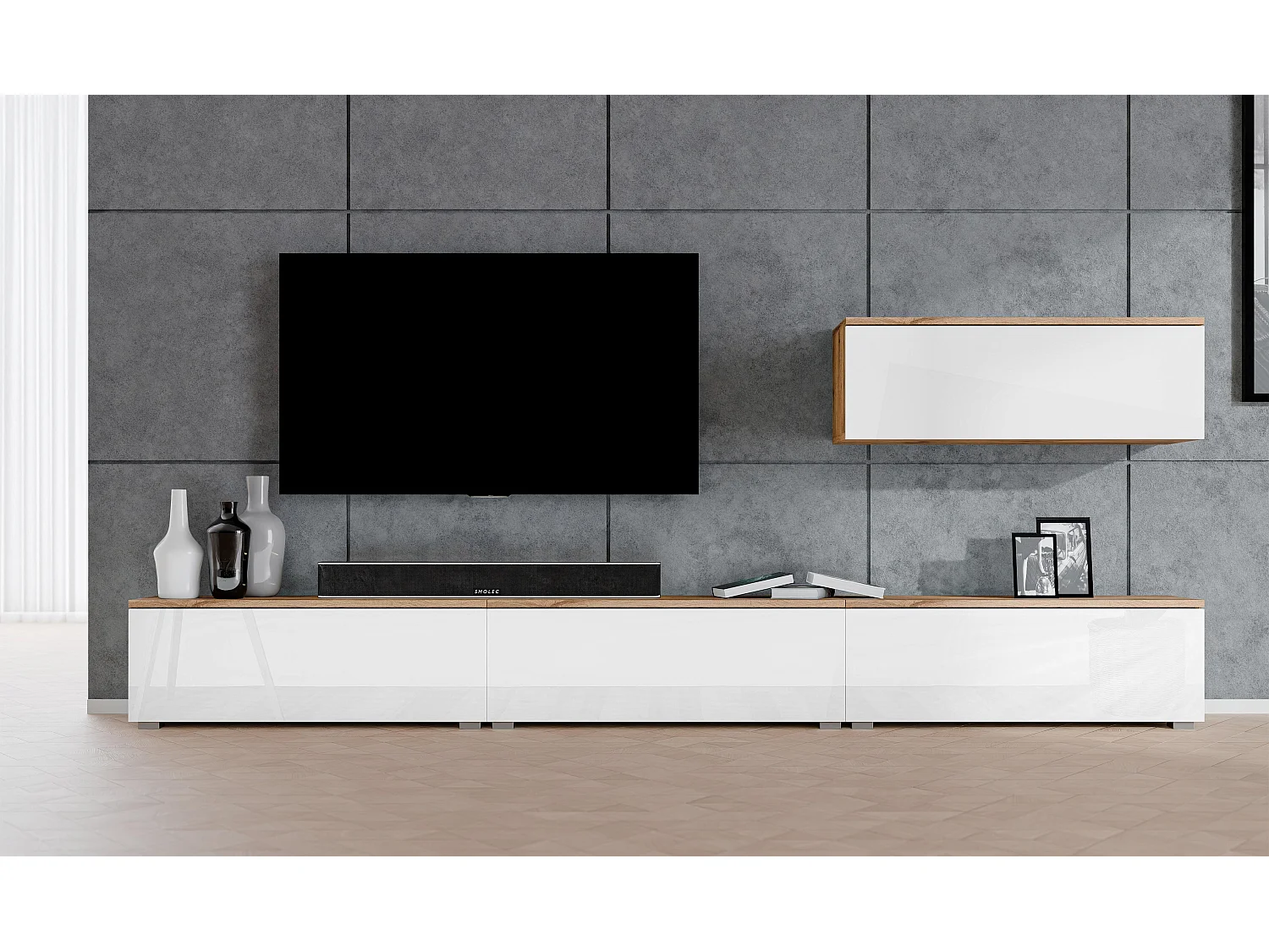 AX LIVING Meuble mural Loriano IV 300 cm chêne Wotan/blanc brillant