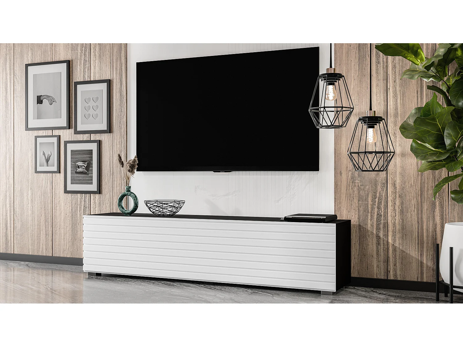 AX LIVING ZIVOLLI Lowboard 160 cm Schwarz Weiß mit Lamellenfront