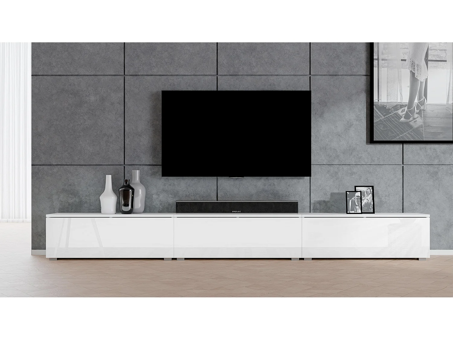 AX LIVING TV Bank weiß Loriano weißes TV Board 3x100 cm Matt/Hochglanz