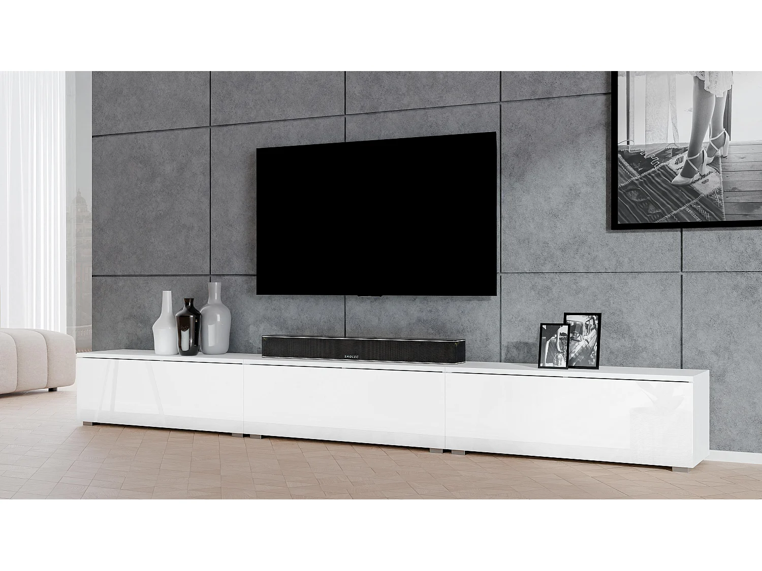 AX LIVING TV Bank weiß Loriano weißes TV Board 3x100 cm Matt/Hochglanz
