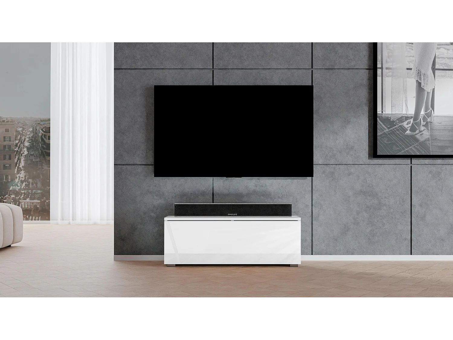 AX LIVING weißes TV Board Loriano 100 cm Lowboard weiß Matt/Hochglanz