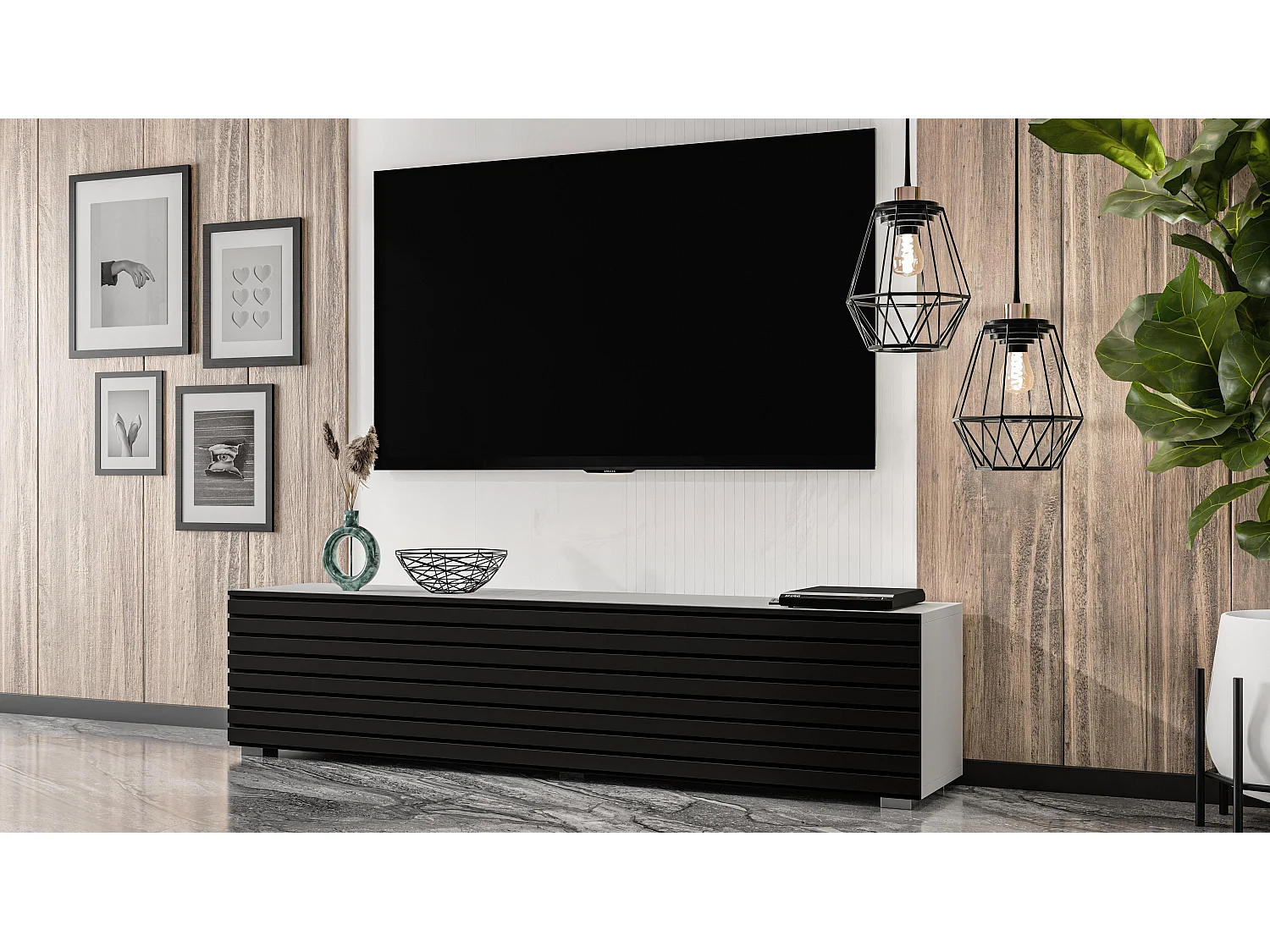 AX LIVING ZIVOLLI Lowboard 160 cm Weiß Schwarze Lamellenfront