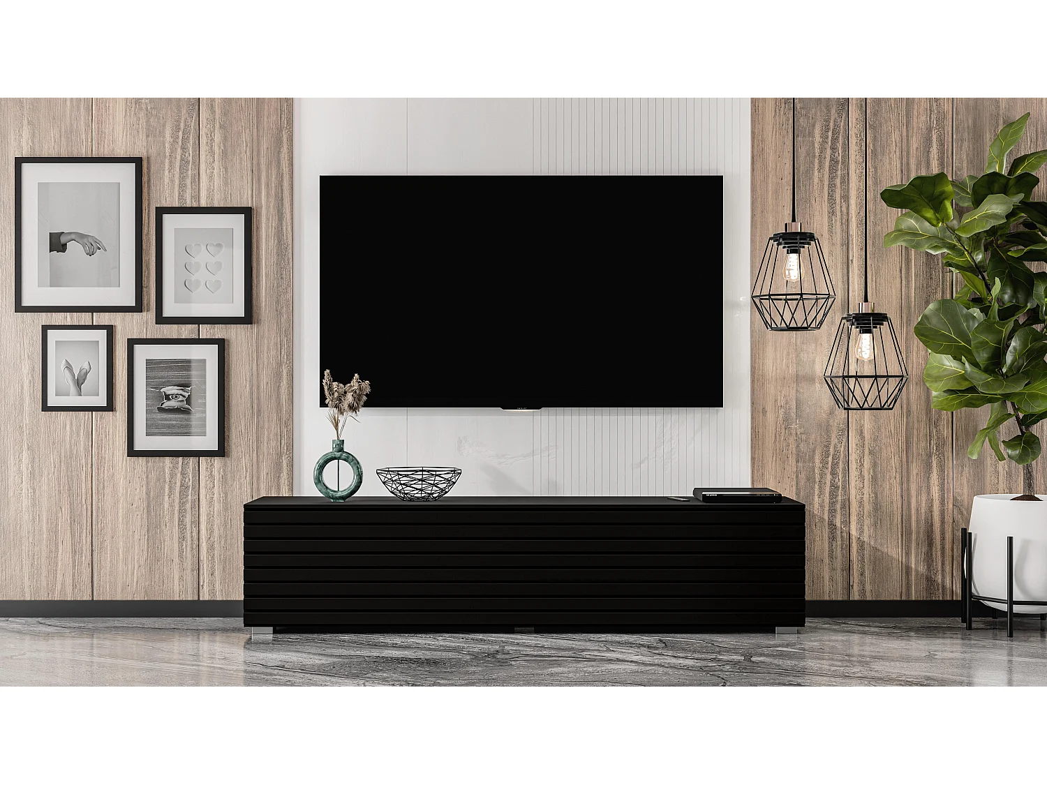 AX LIVING ZIVOLLI Lowboard 160 cm Schwarz Lamellenfront