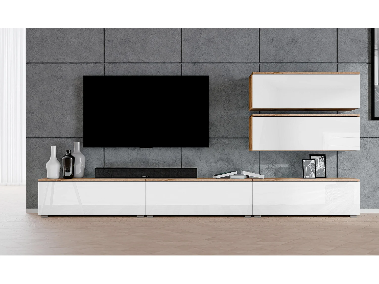 AX LIVING Meuble mural Loriano V 300 cm chêne Wotan/blanc brillant