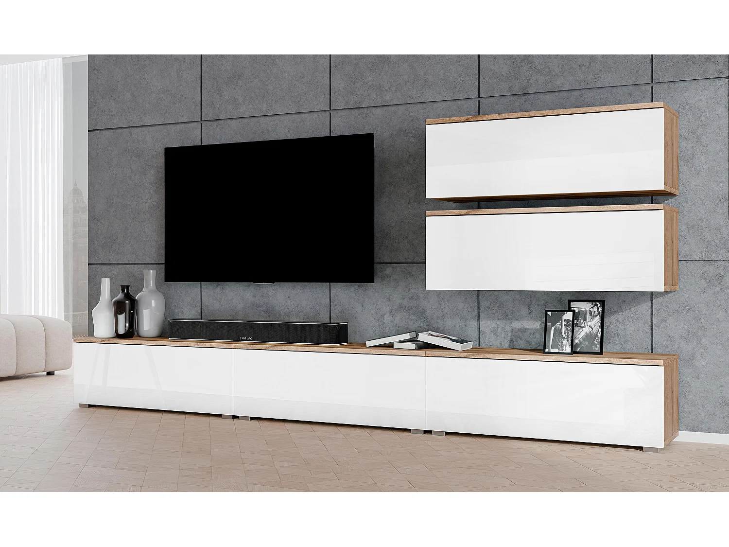 AX LIVING Meuble mural Loriano V 300 cm chêne Wotan/blanc brillant