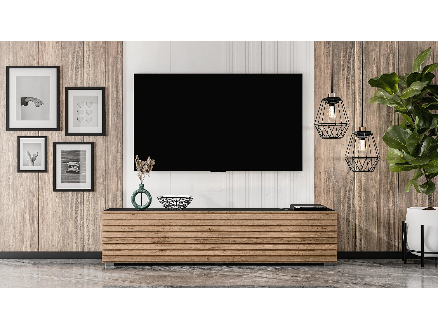 AX LIVING ZIVOLLI TV-Board 160 cm Schwarz mit Wotan Lamellenfront