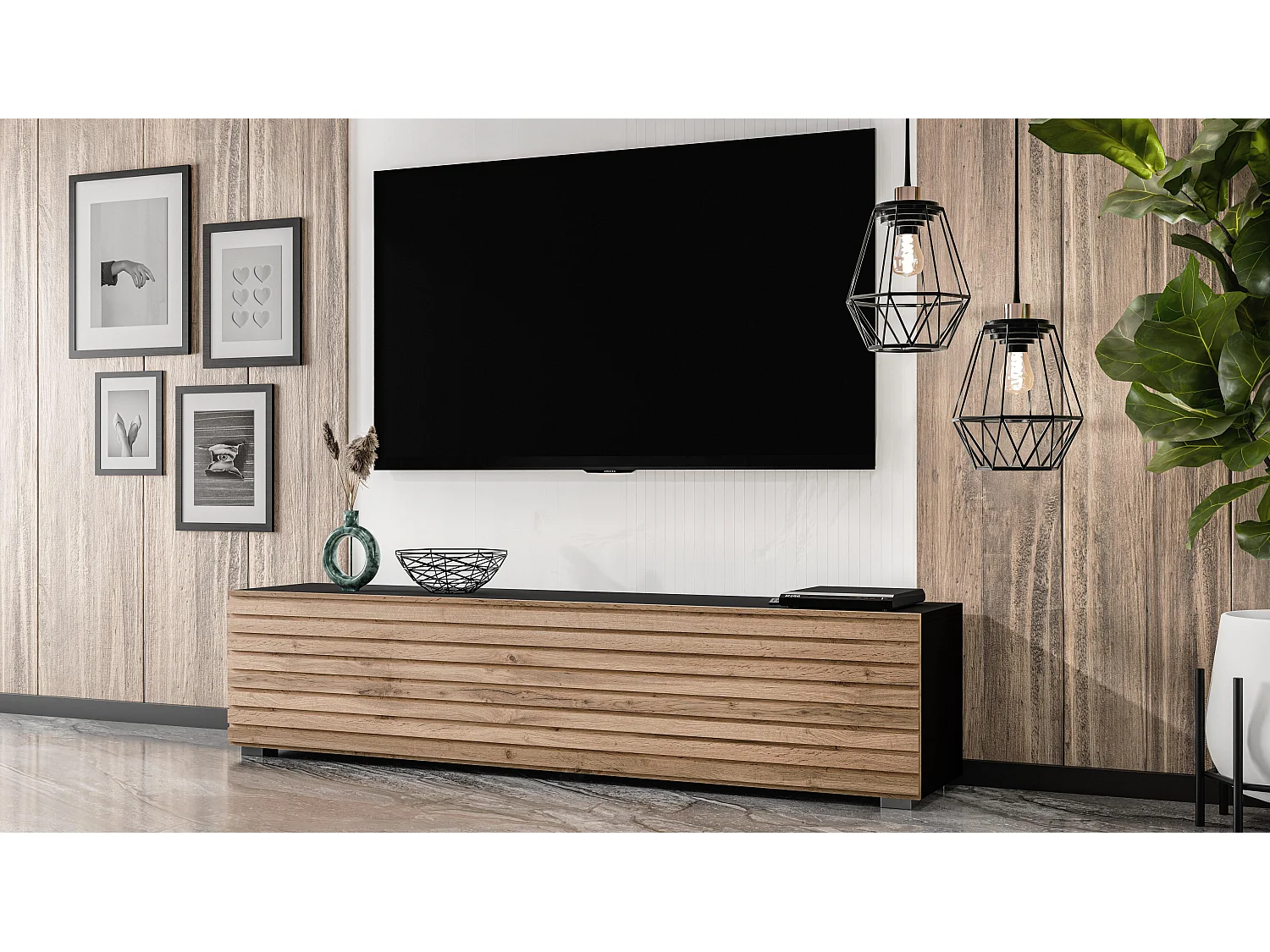 AX LIVING ZIVOLLI TV-Board 160 cm Schwarz mit Wotan Lamellenfront