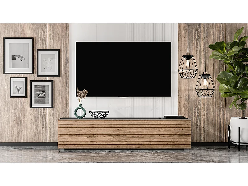 AX LIVING ZIVOLLI TV-Board 160 cm Schwarz mit Wotan Lamellenfront