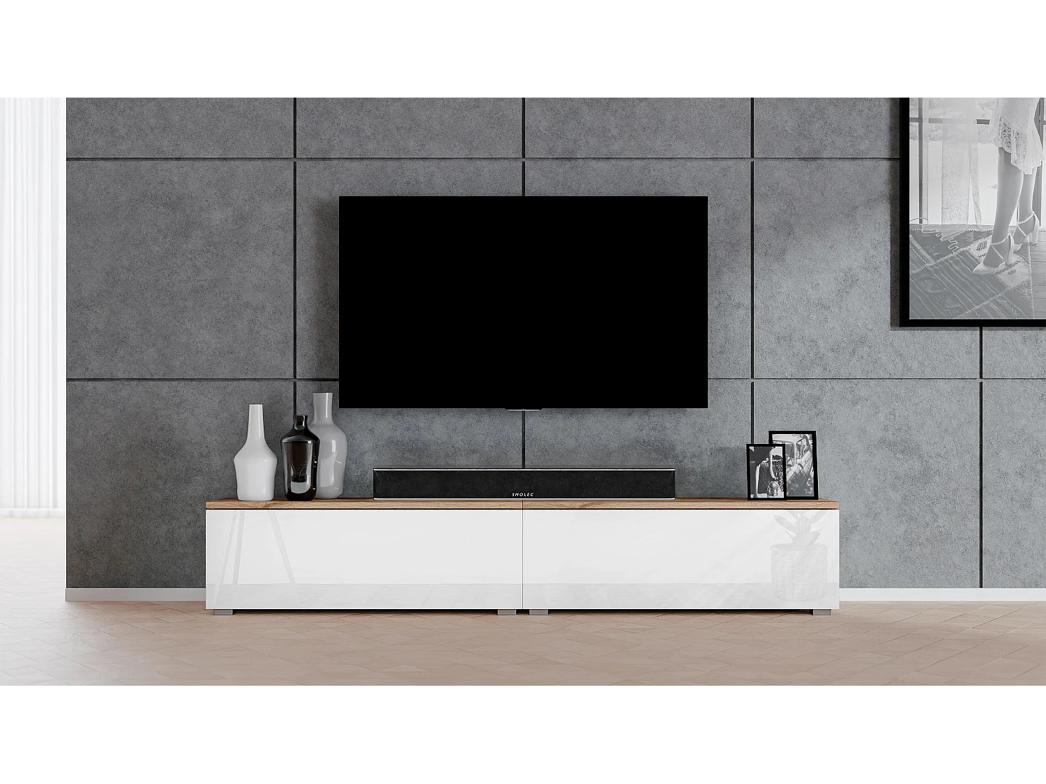 AX LIVING TV Bank Loriano 2x100 cm stehend Eiche Wotan/weiß Hochglanz