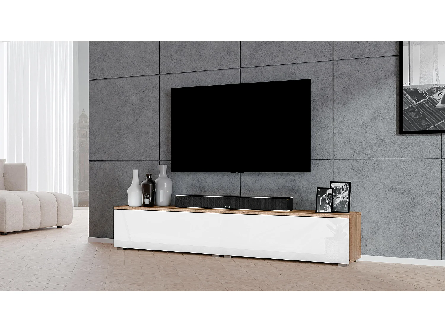 AX LIVING TV Bank Loriano 2x100 cm stehend Eiche Wotan/weiß Hochglanz