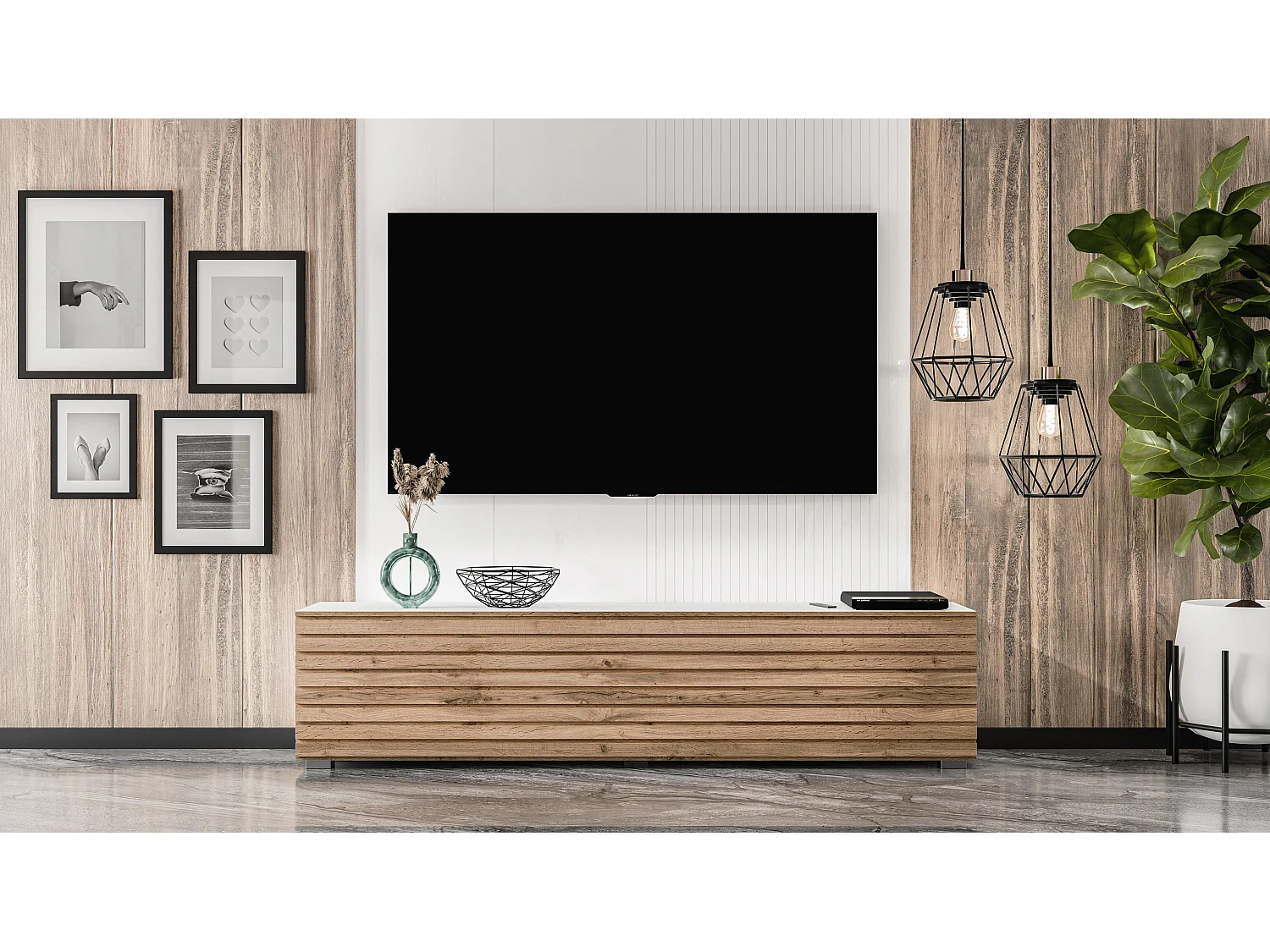AX LIVING ZIVOLLI TV-Board 160 cm Weiß mit Wotan Lamellenfront