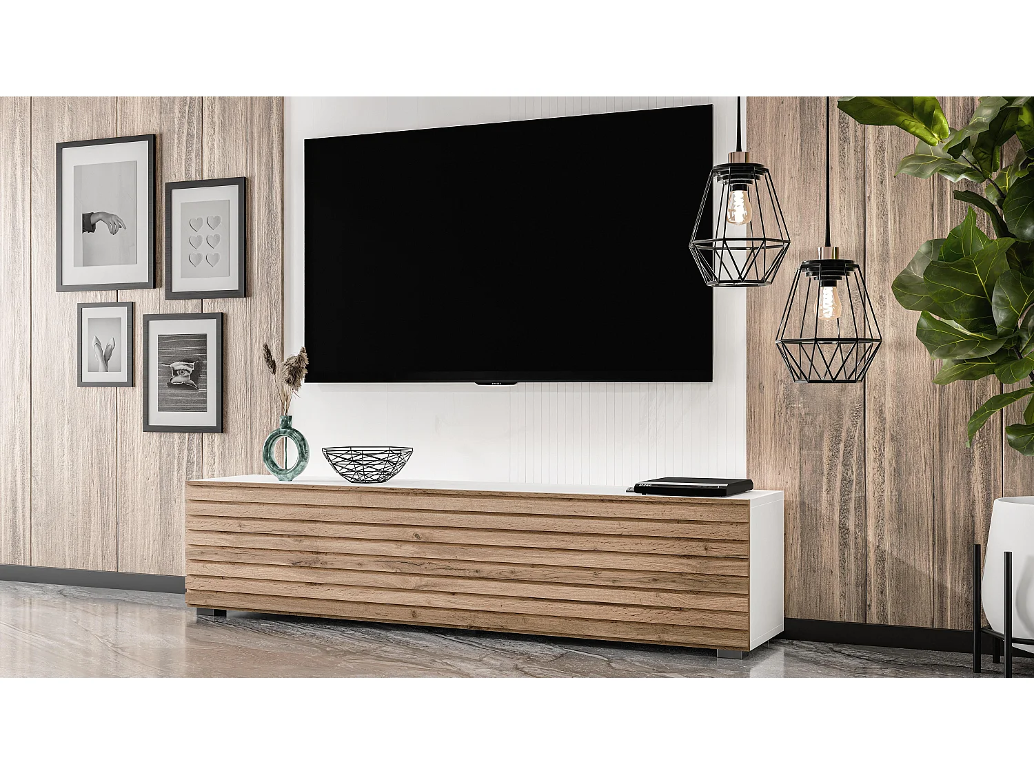 AX LIVING ZIVOLLI TV-Board 160 cm Weiß mit Wotan Lamellenfront