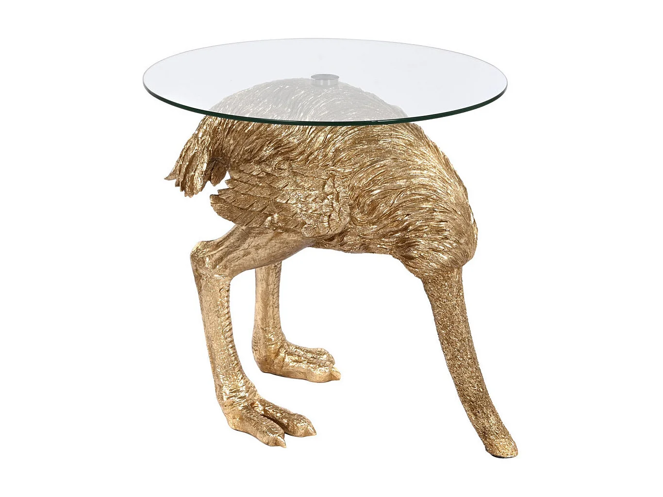 Bijzettafel van hars en glas, 60x60x62 cm, struisvogelmotief.