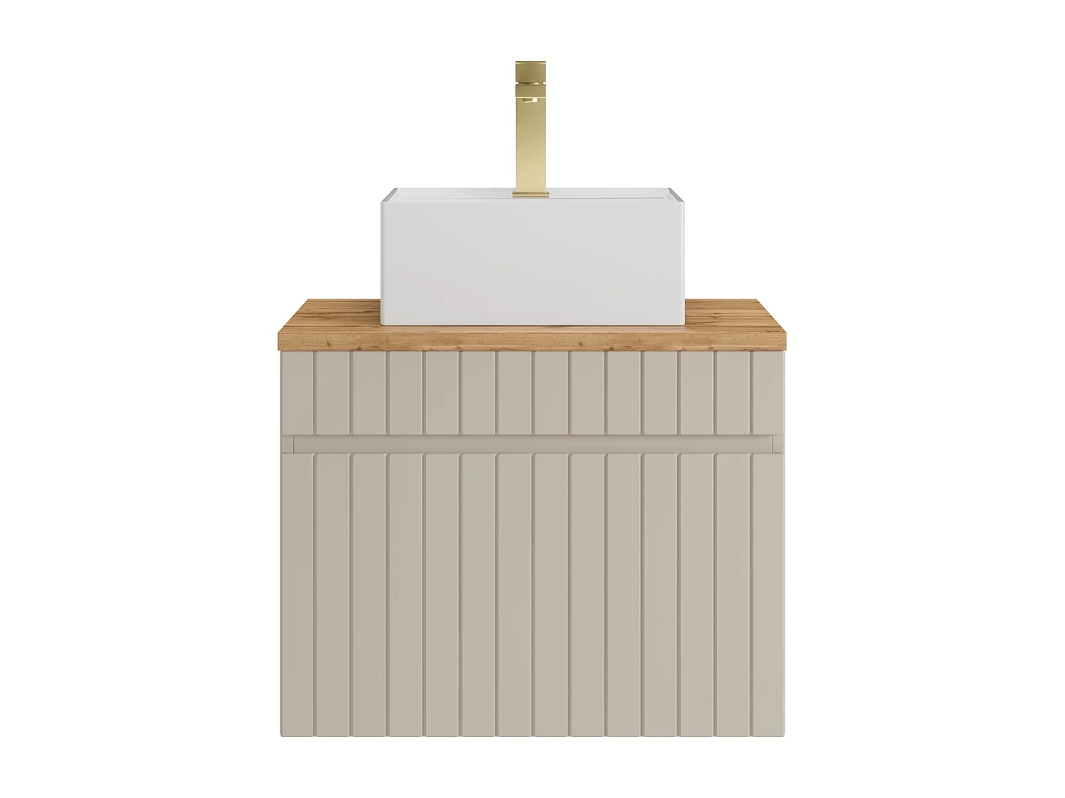 Meuble de salle de bain suspendu strié beige avec vasque à poser carrée et robinet - 60 cm - SATARA