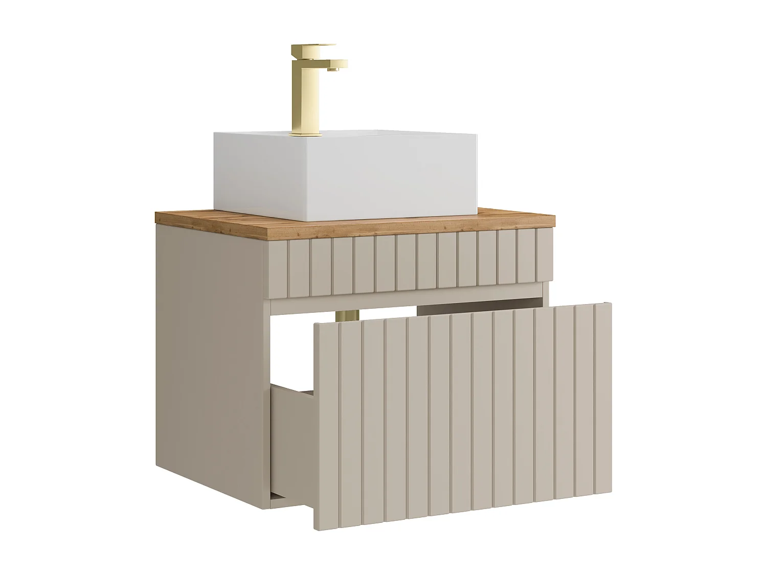 Meuble de salle de bain suspendu strié beige avec vasque à poser carrée et robinet - 60 cm - SATARA