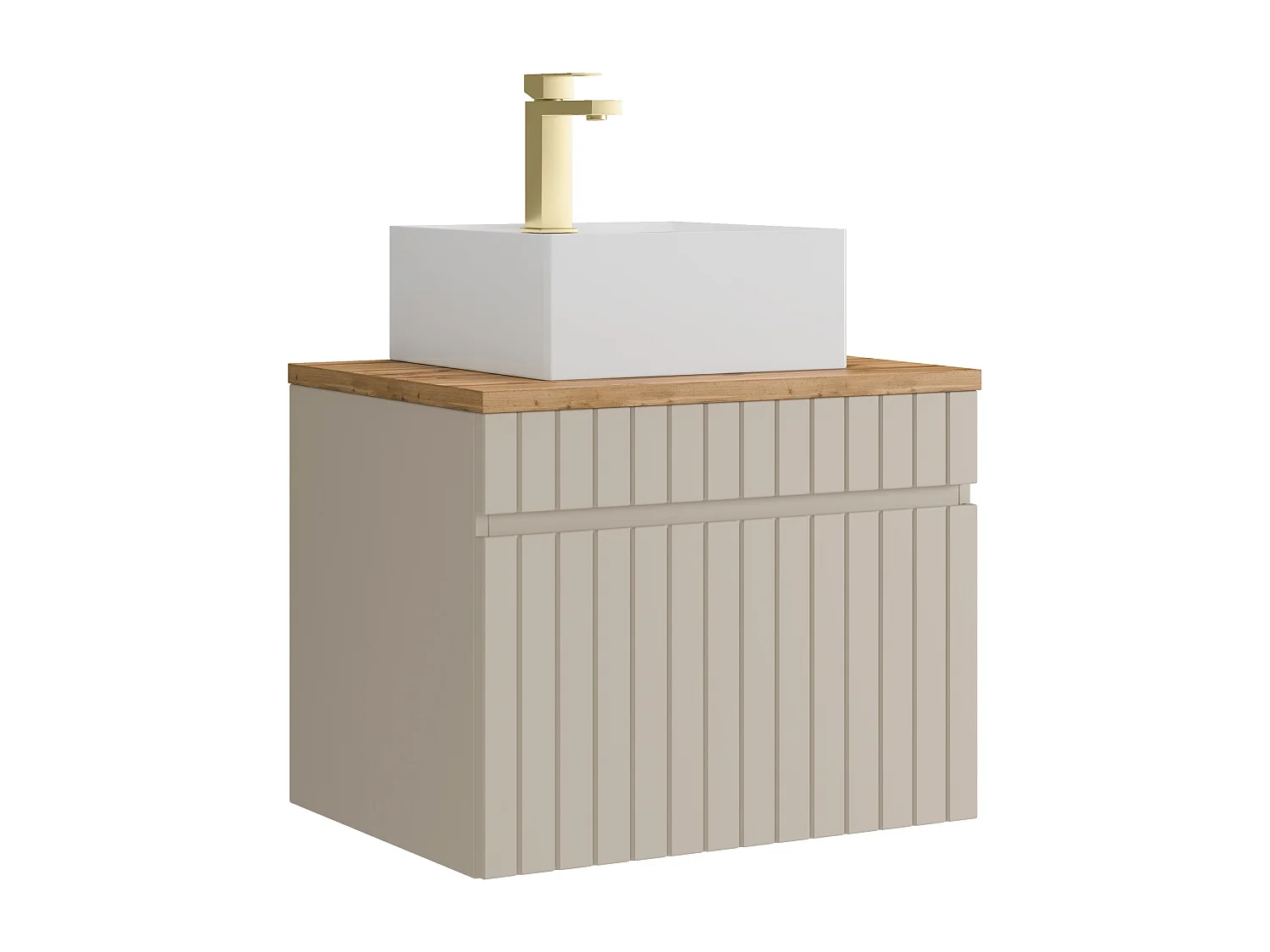 Meuble de salle de bain suspendu strié beige avec vasque à poser carrée et robinet - 60 cm - SATARA