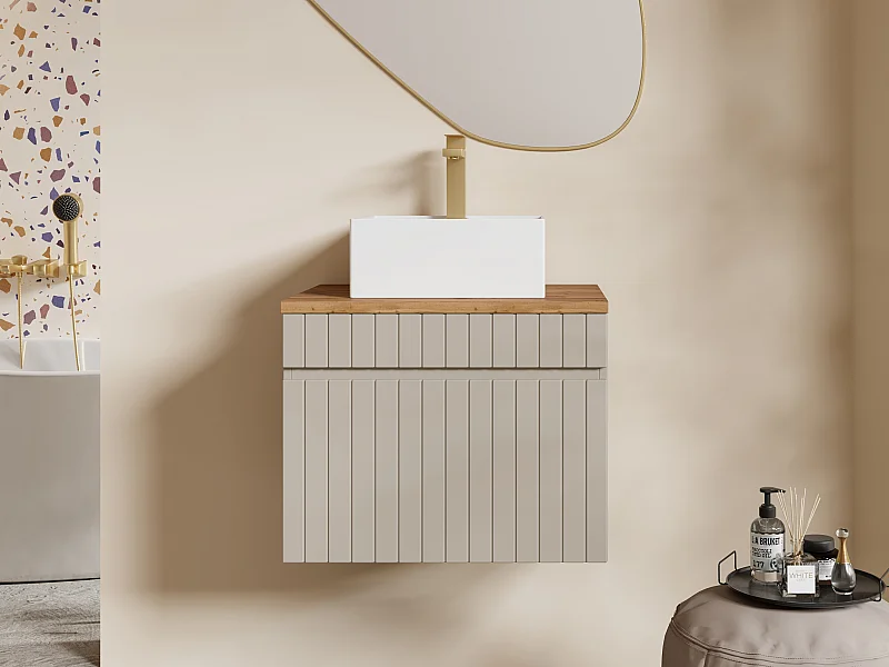 Móvel suspenso estriado bege para colocar sob o lavatório com lavatório de encastrar quadrado e torneira - 60 cm - SATARA