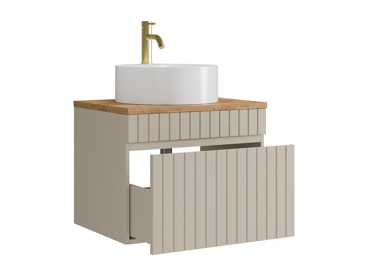 Meuble de salle de bain suspendu strié beige avec vasque à poser ronde et robinet - 60 cm - SATARA