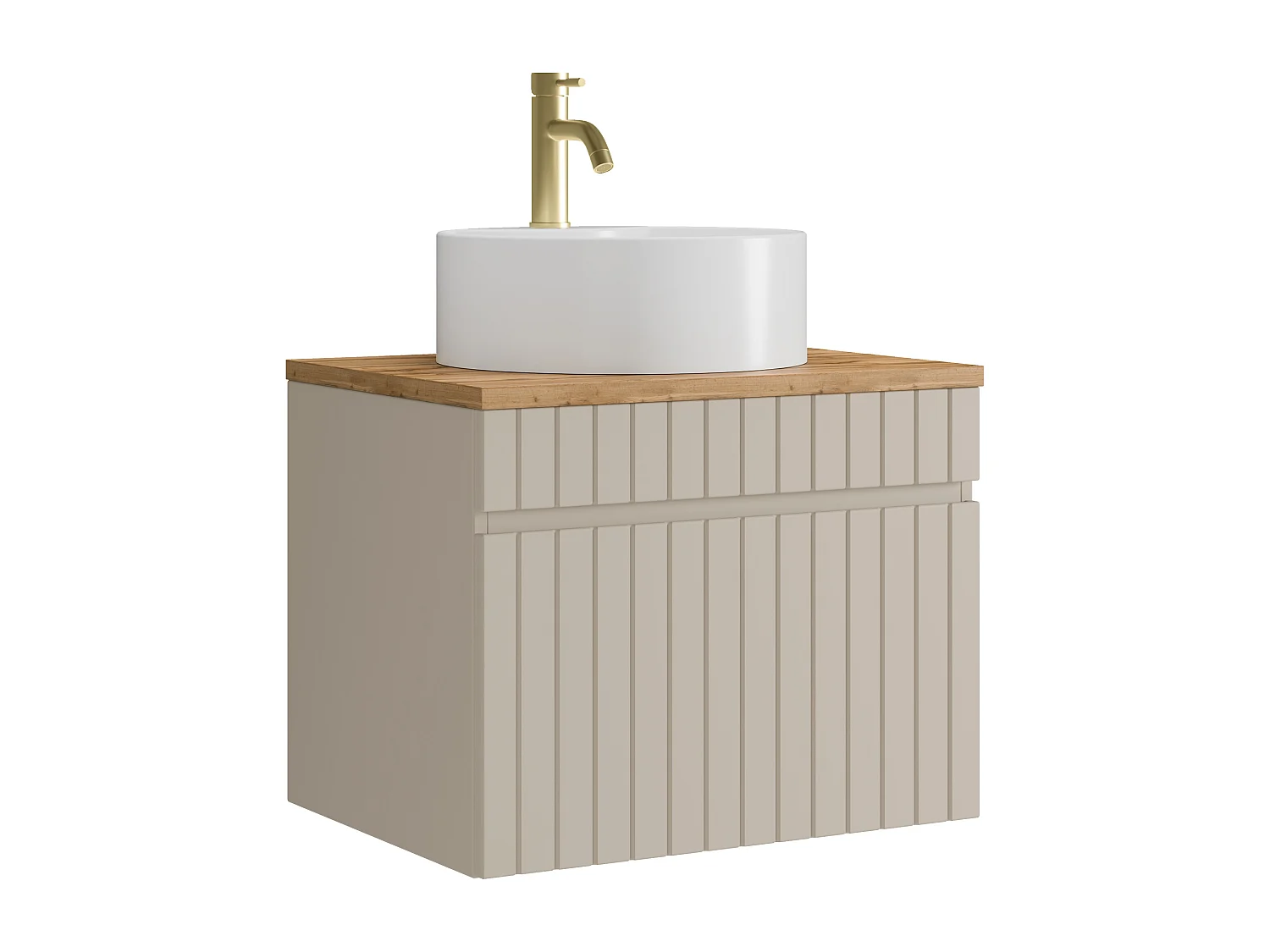 Meuble de salle de bain suspendu strié beige avec vasque à poser ronde et robinet - 60 cm - SATARA