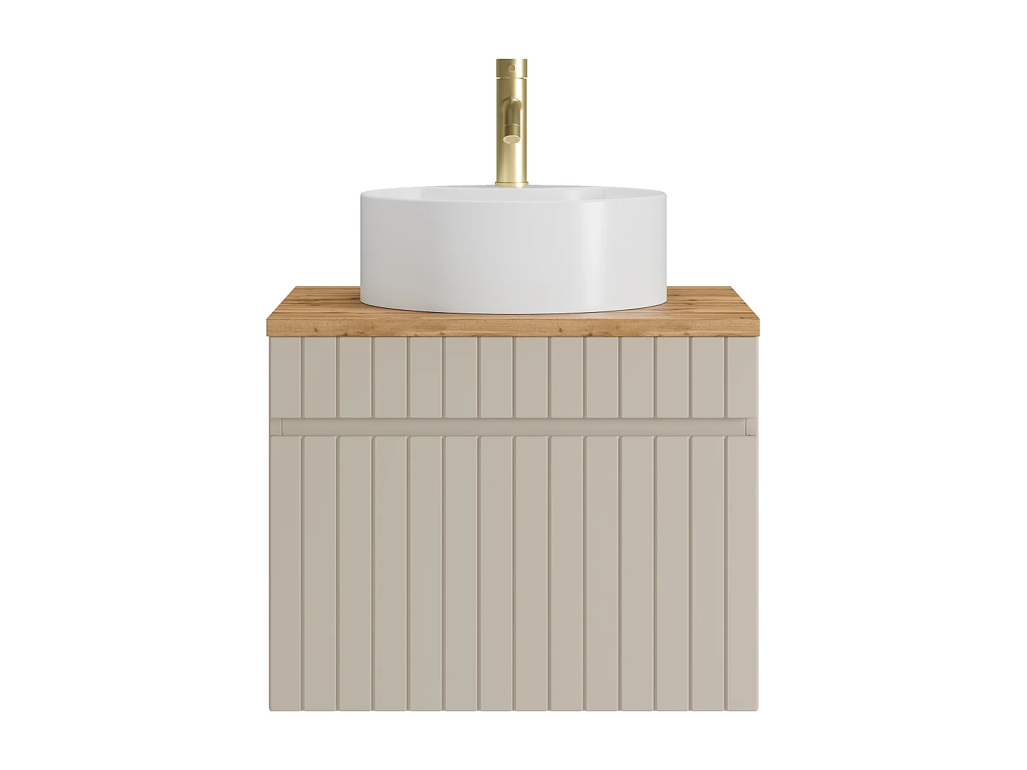 Meuble de salle de bain suspendu strié beige avec vasque à poser ronde et robinet - 60 cm - SATARA