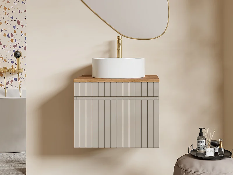 Móvel suspenso estriado bege para colocar sob o lavatório com lavatório de encastrar redondo e torneira - 60 cm - SATARA