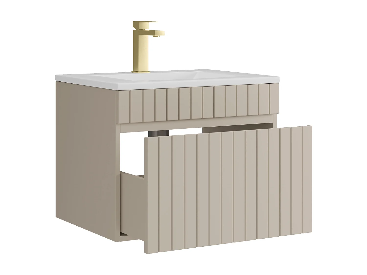Meuble de salle de bain suspendu strié beige avec vasque à encastrer et robinet - 60 cm - SATARA