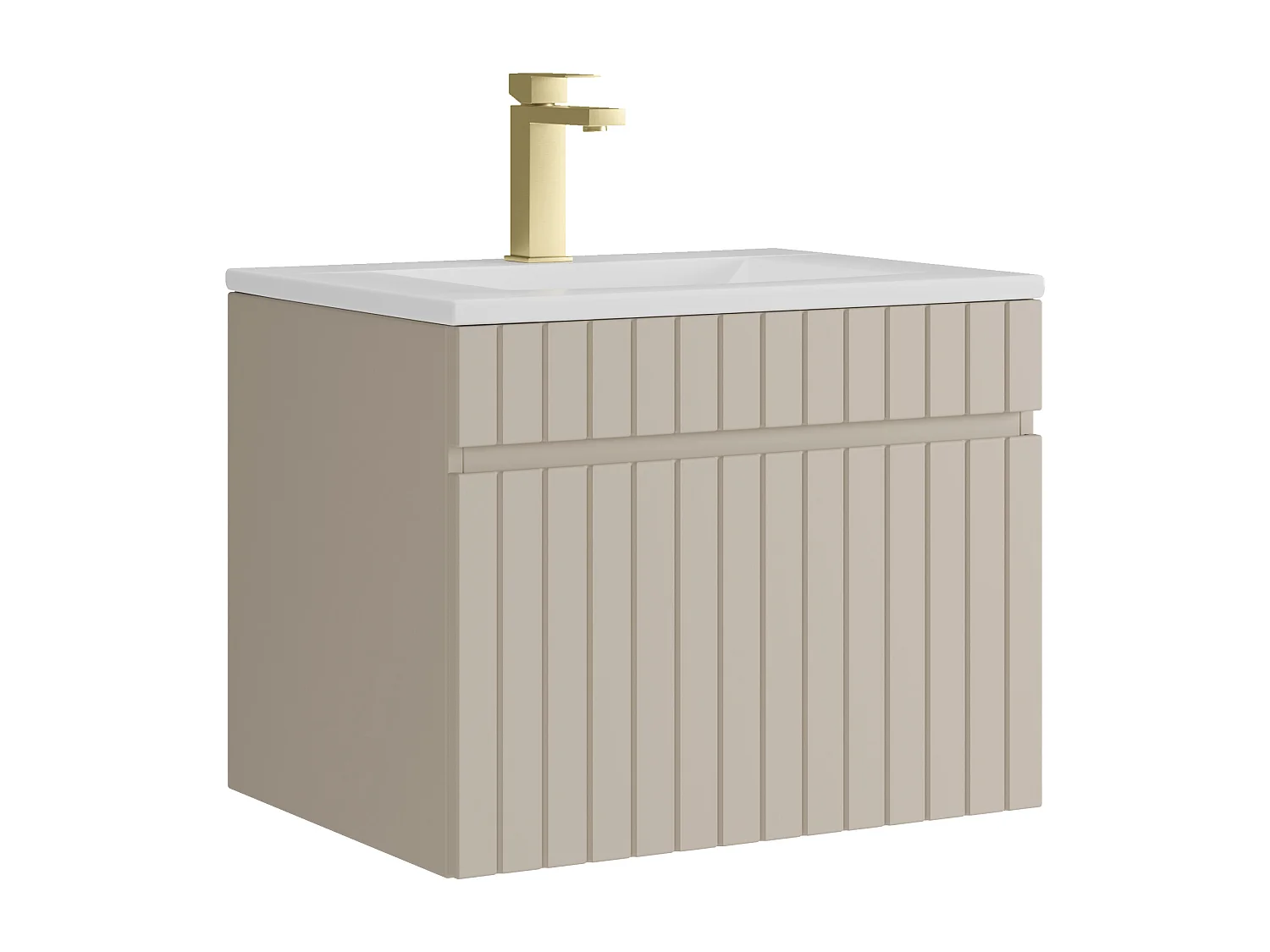 Meuble de salle de bain suspendu strié beige avec vasque à encastrer et robinet - 60 cm - SATARA