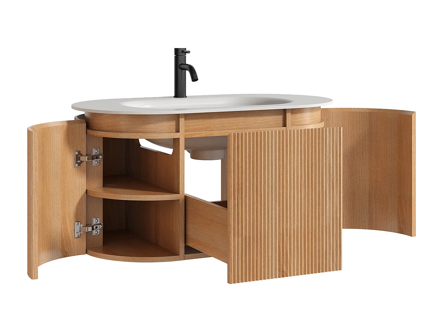 Meuble de salle de bain suspendu strié en bois de frêne avec vasque à encastrer et robinet – Naturel clair - L90 cm - LILIKO