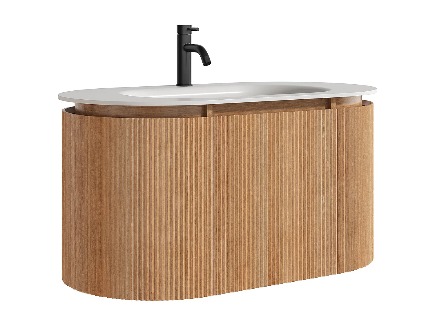 Meuble de salle de bain suspendu strié en bois de frêne avec vasque à encastrer et robinet – Naturel clair - L90 cm - LILIKO