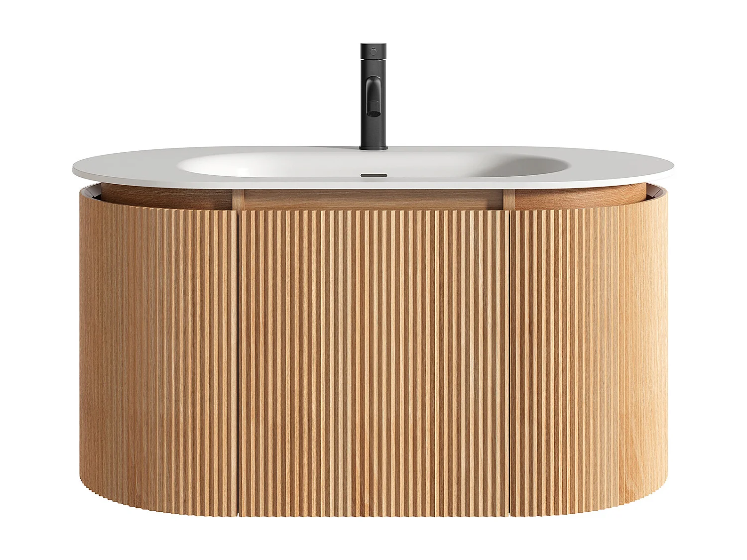 Meuble de salle de bain suspendu strié en bois de frêne avec vasque à encastrer et robinet – Naturel clair - L90 cm - LILIKO