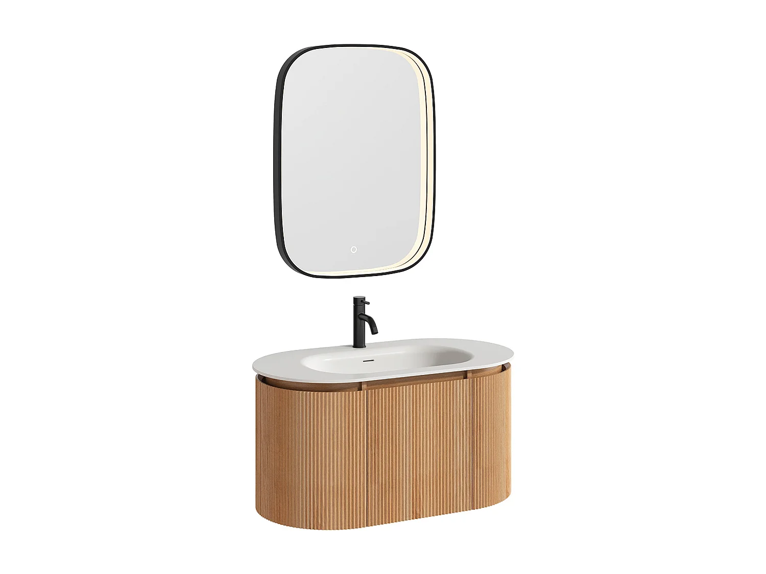 Meuble de salle de bain suspendu strié en bois de frêne avec vasque à encastrer, robinet et miroir – Naturel clair - L90 cm - LILIKO