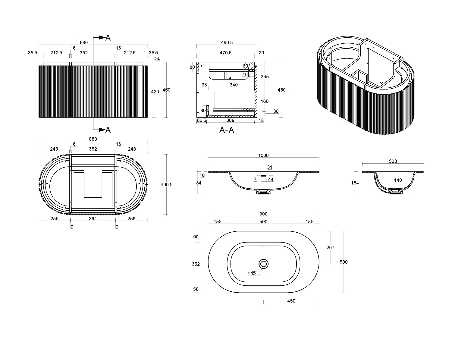 Meuble de salle de bain suspendu strié en bois de frêne avec vasque à encastrer, robinet et miroir – Naturel clair - L90 cm - LILIKO