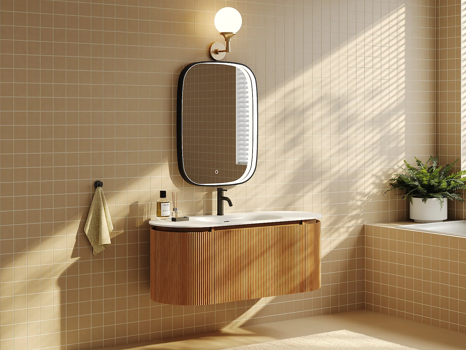 Meuble de salle de bain suspendu strié en bois de frêne avec vasque à encastrer, robinet et miroir – Naturel clair - L120 cm - LILIKO