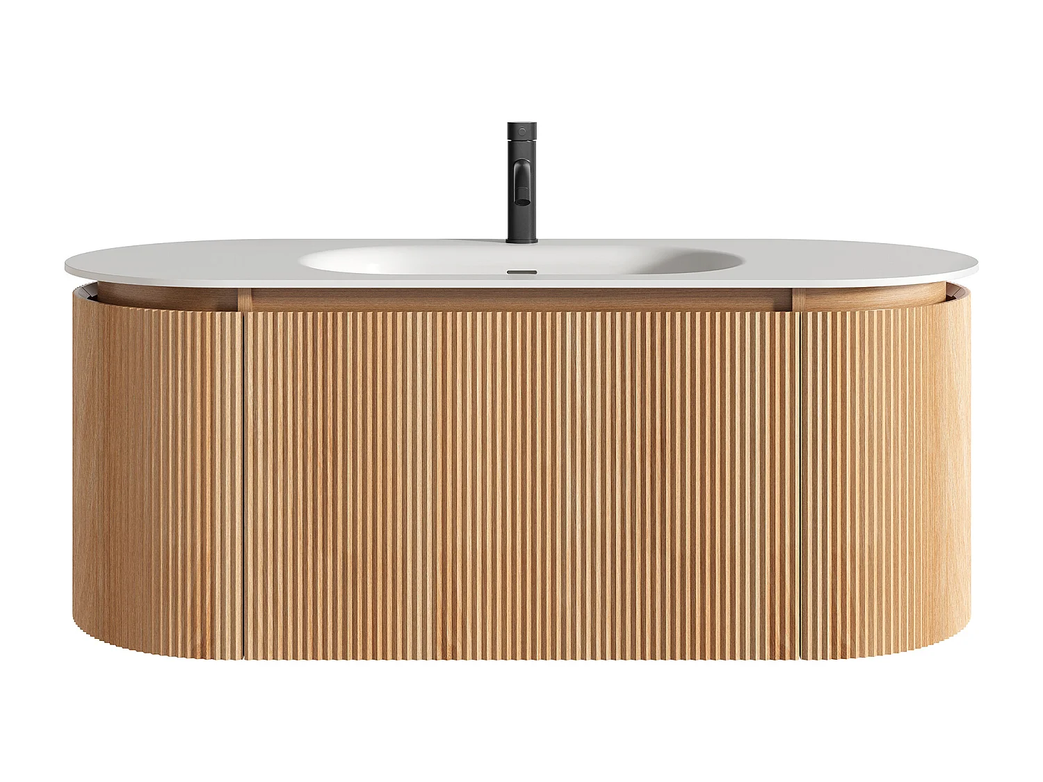 Meuble de salle de bain suspendu strié en bois de frêne avec vasque à encastrer, robinet et miroir – Naturel clair - L120 cm - LILIKO