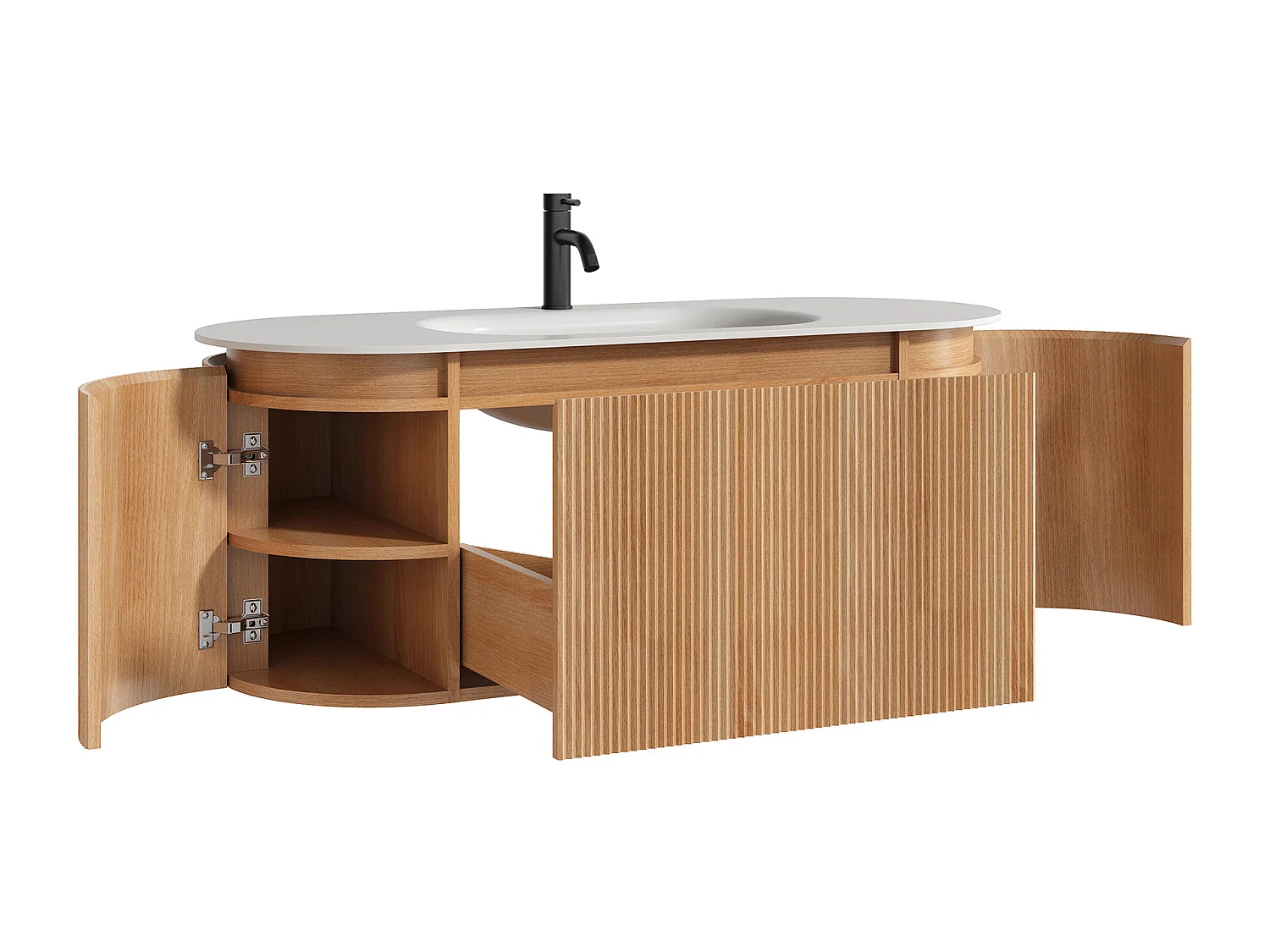 Meuble de salle de bain suspendu strié en bois de frêne avec vasque à encastrer et robinet – Naturel clair - L120 cm - LILIKO