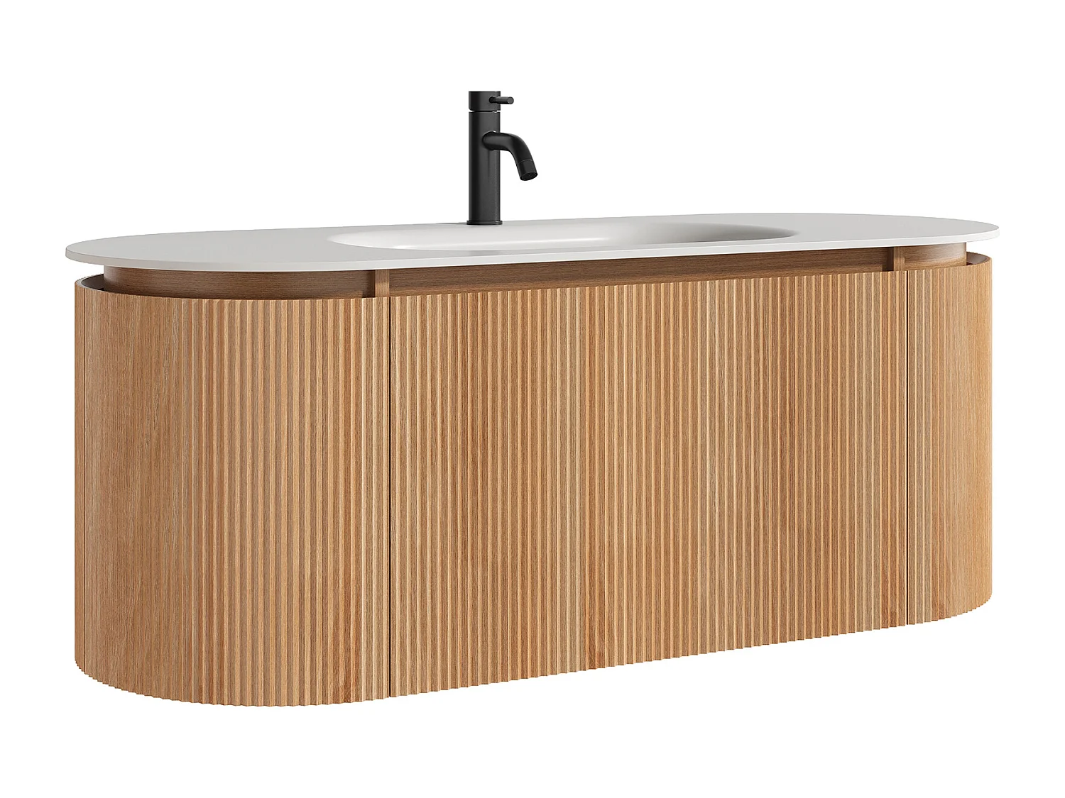 Meuble de salle de bain suspendu strié en bois de frêne avec vasque à encastrer et robinet – Naturel clair - L120 cm - LILIKO