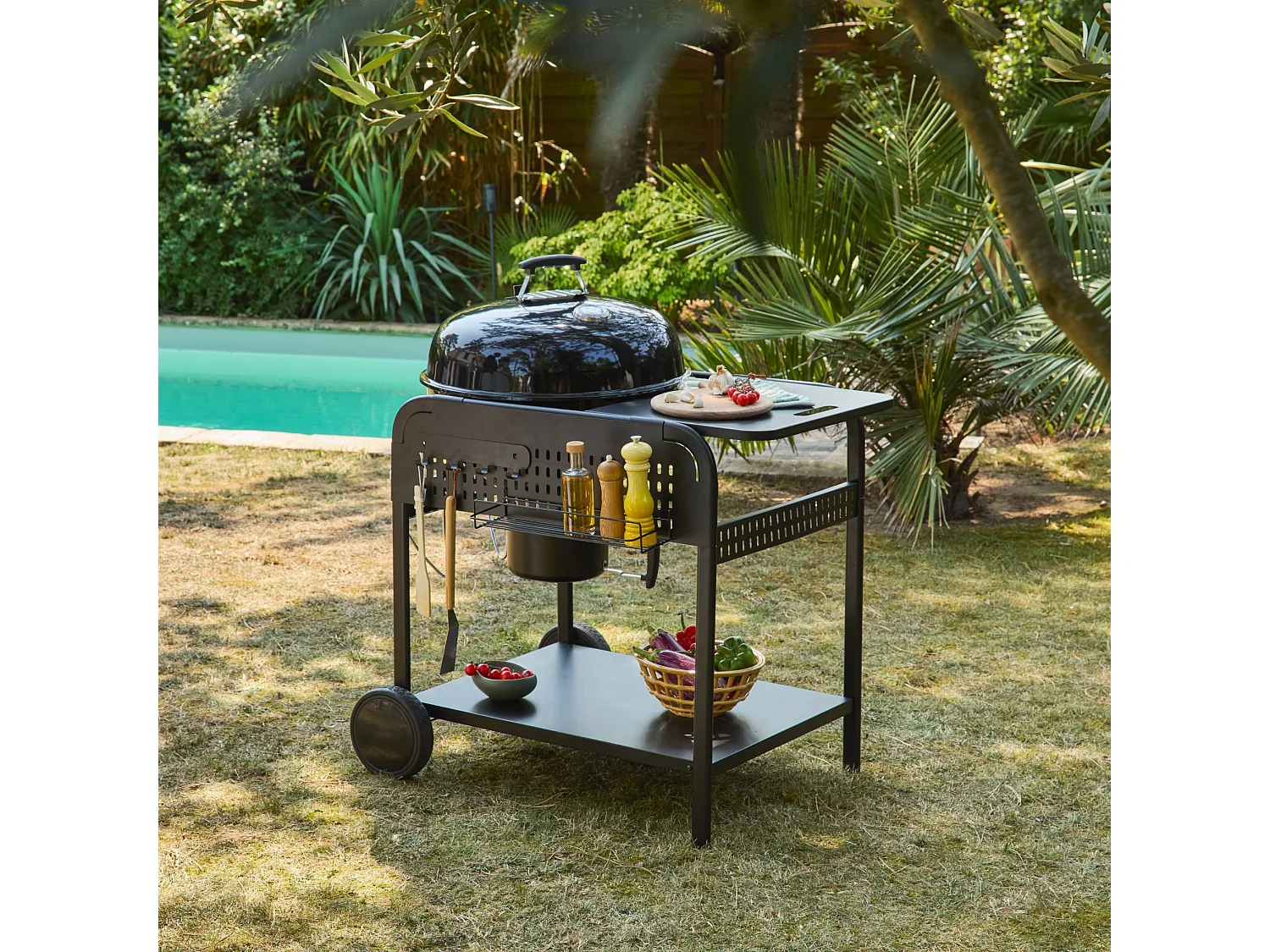 Barbacoa redonda de carbón de acero esmaltado con carrito, ø53cm