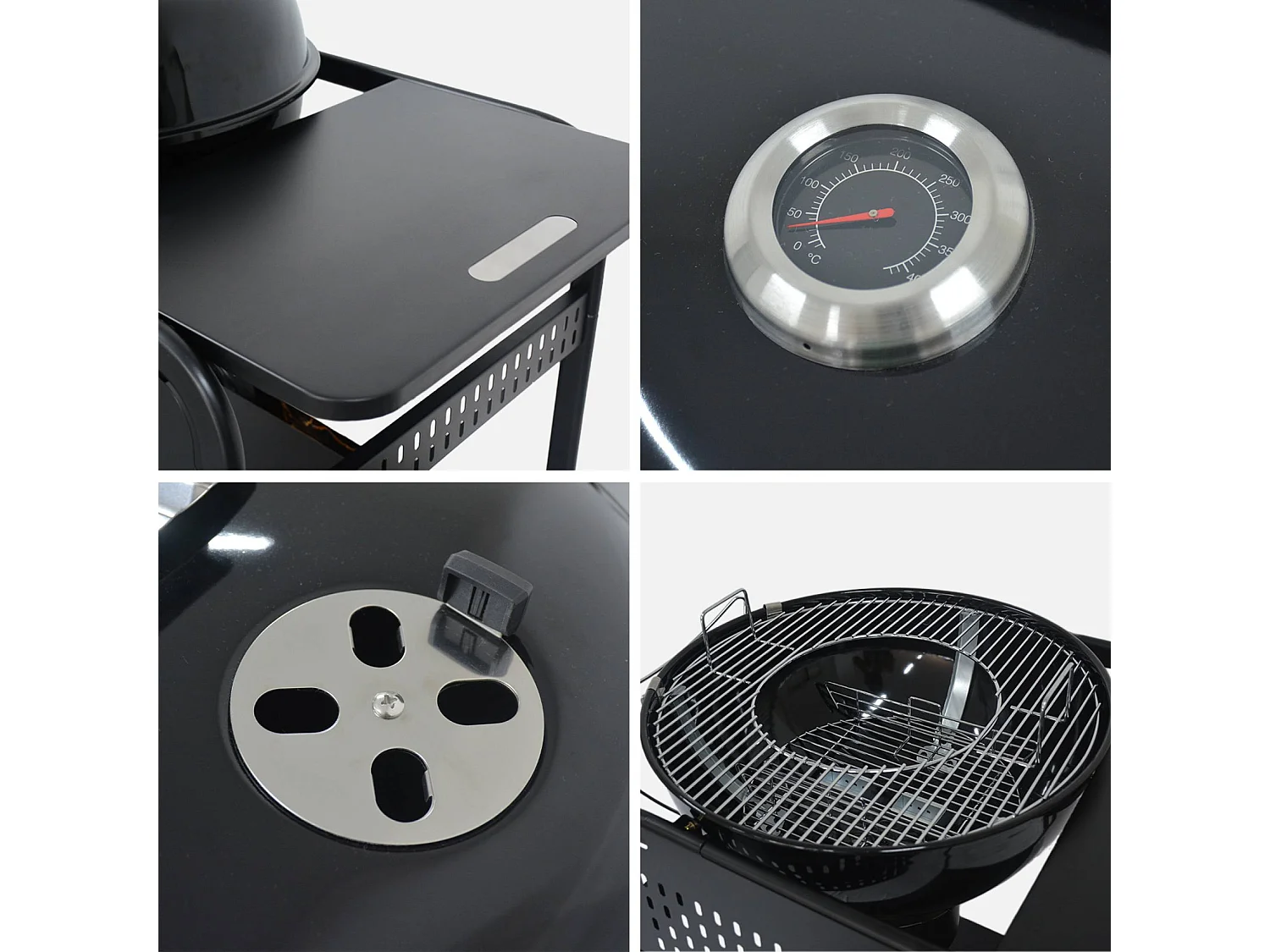 Barbacoa redonda de carbón de acero esmaltado con carrito, ø53cm