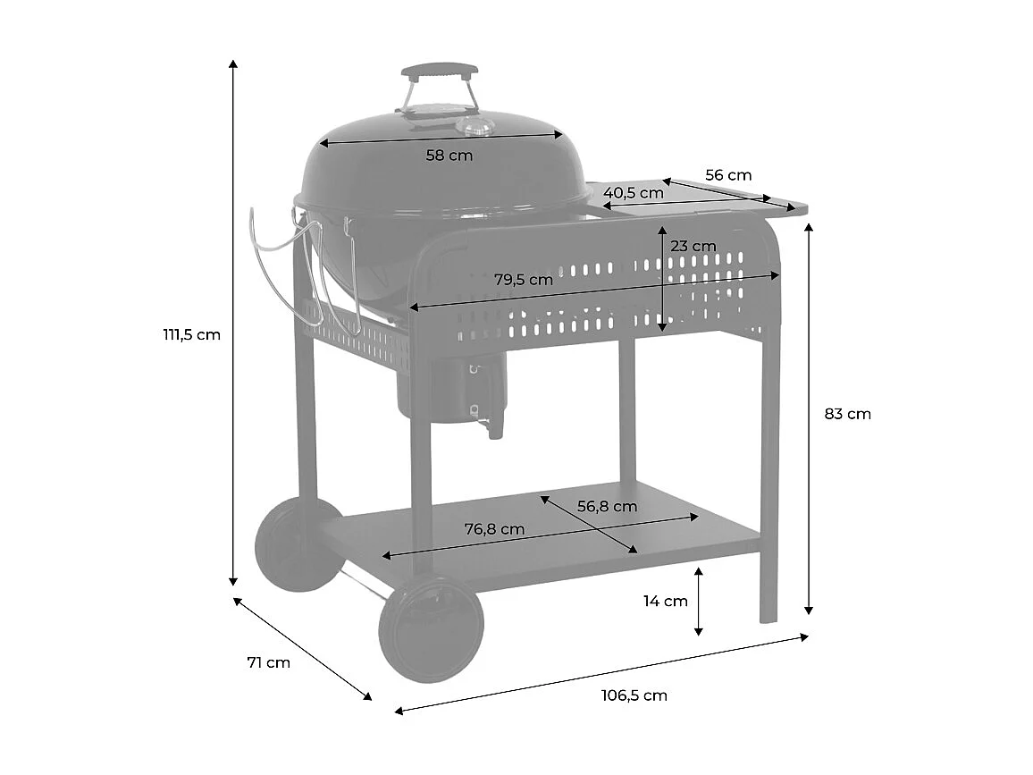 Barbacoa redonda de carbón de acero esmaltado con carrito, ø53cm