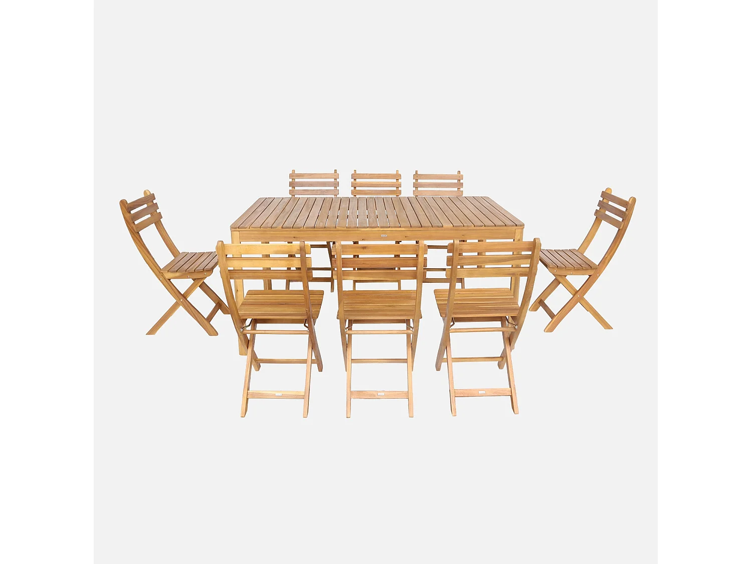 Table de jardin acacia avec coins arrondis + 8 assises naturel. 160 x 90 x 75 cm