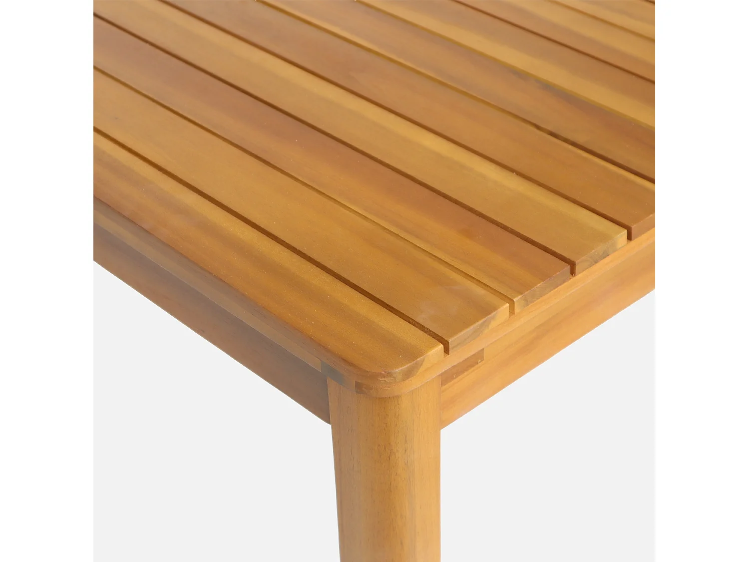 Table de jardin acacia avec coins arrondis + 8 assises naturel. 160 x 90 x 75 cm