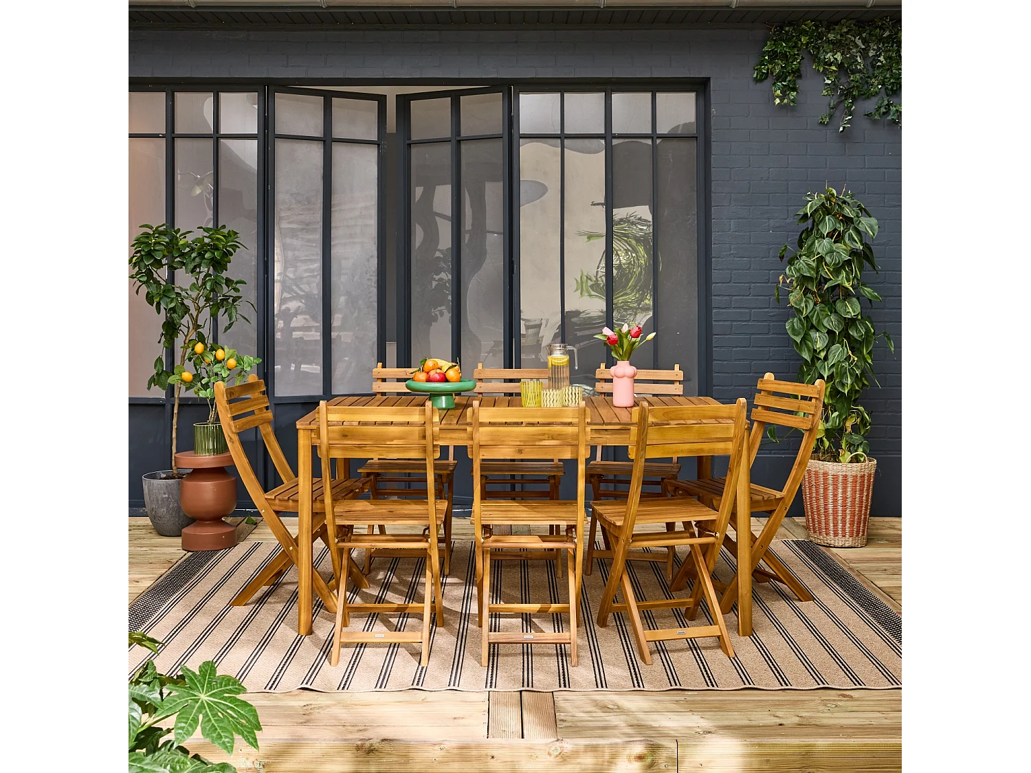 Table de jardin acacia avec coins arrondis + 8 assises naturel. 160 x 90 x 75 cm